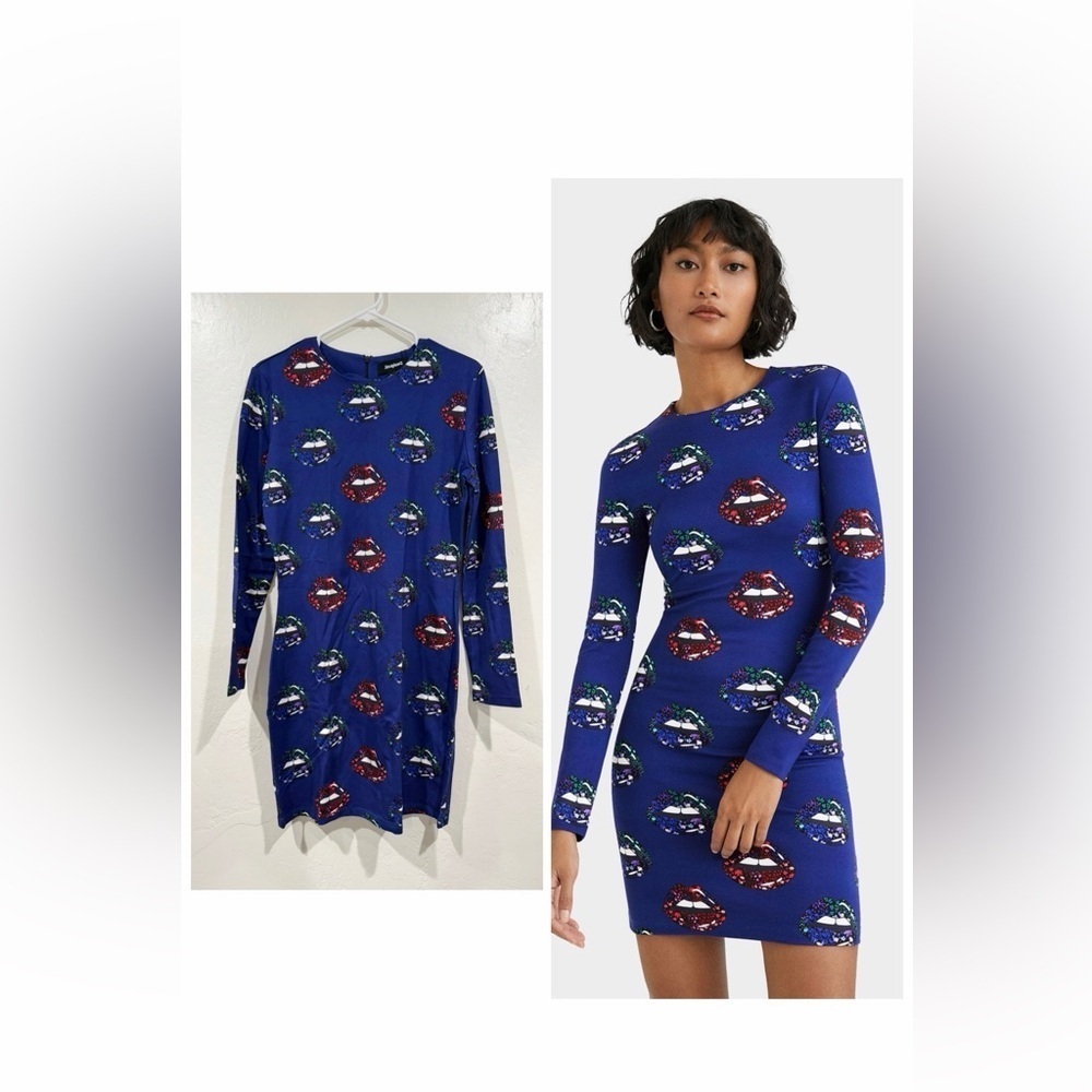 NWT Desigual Blue Long Sleeves Short Lips Print Dress size XL